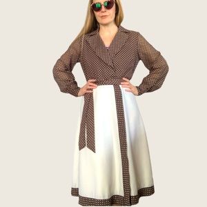 70s Mod Wrap Dress Brown Polka Dot Long Sleeve Day Vintage S